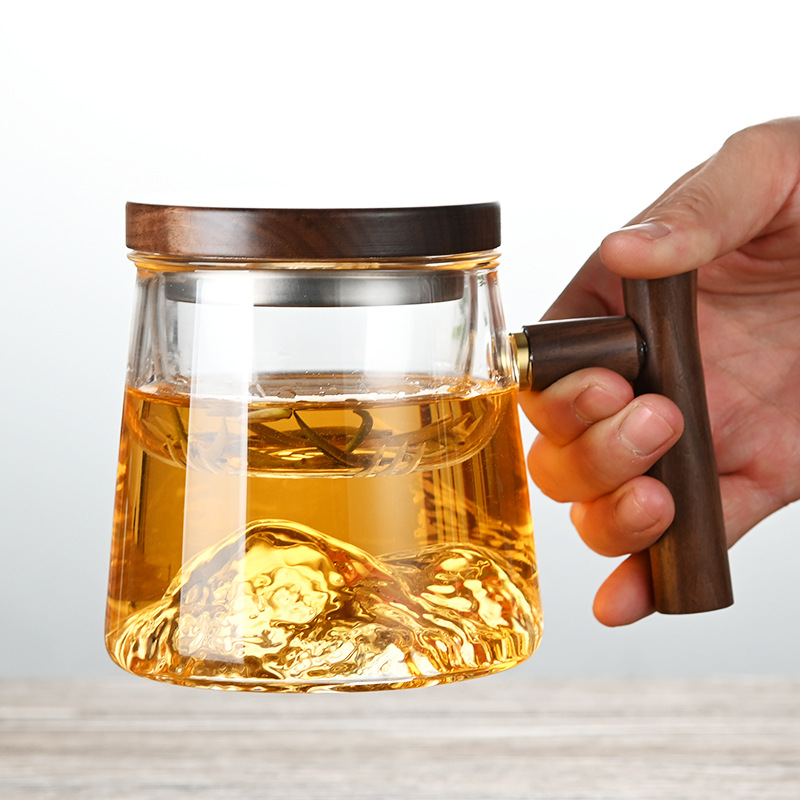 Bình lọc trà thủy tinh bình pha trà có lõi lọc 350ml có nắp tay cầm gỗ XCJ453