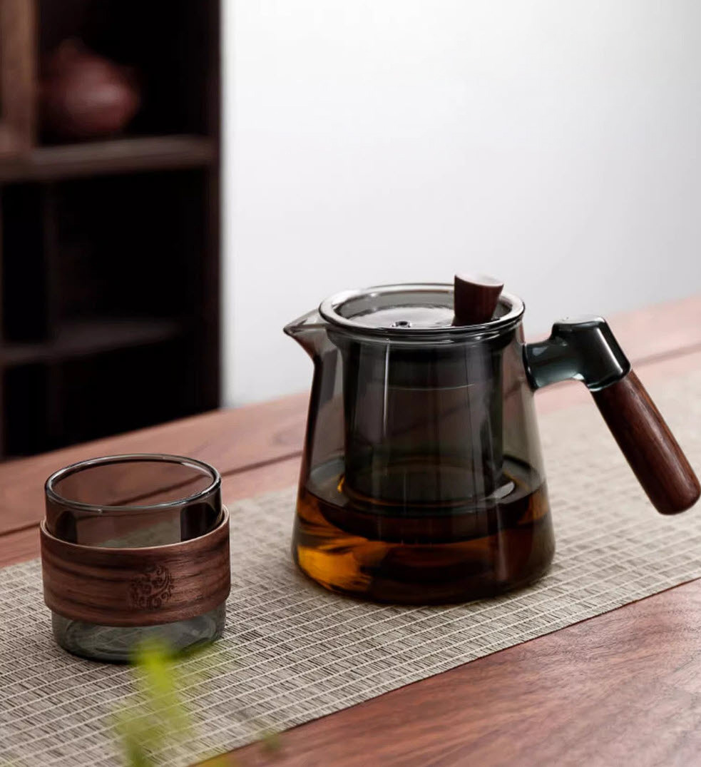 Bình lọc trà thủy tinh bình pha trà có lõi lọc 600ml có nắp tay cầm gỗ XCJ454