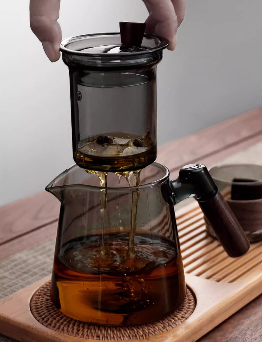 Bình lọc trà thủy tinh bình pha trà có lõi lọc 600ml có nắp tay cầm gỗ XCJ454