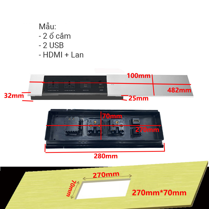 Ổ cắm âm bàn nắp trượt có cổng USB HDMI sạc không dây QN001