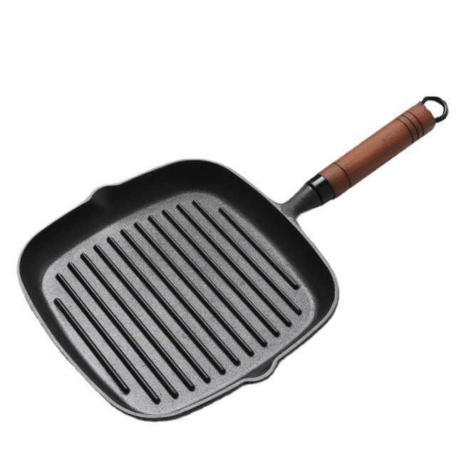 Chảo gang nướng bò bít tết 22cm tay cầm gỗ mặt chảo vân sọc TM22