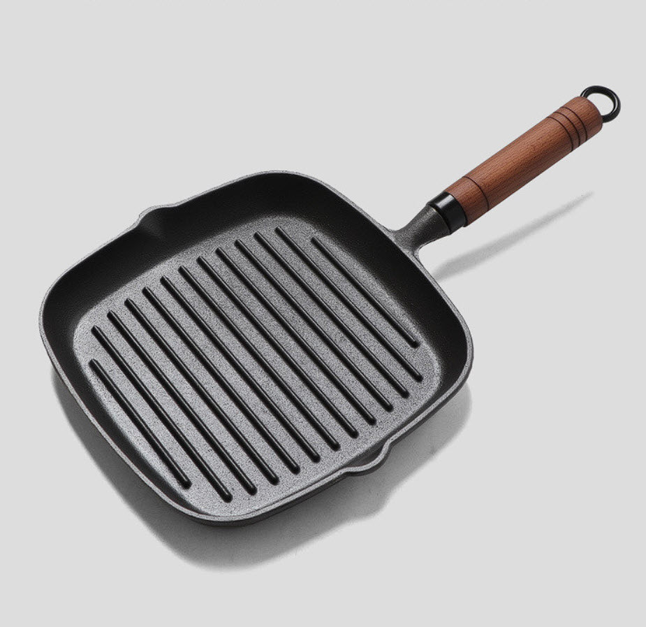 Chảo gang nướng bò bít tết 22cm tay cầm gỗ mặt chảo vân sọc TM22