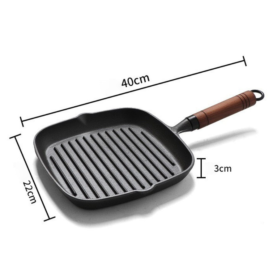 Chảo gang nướng bò bít tết 22cm tay cầm gỗ mặt chảo vân sọc TM22