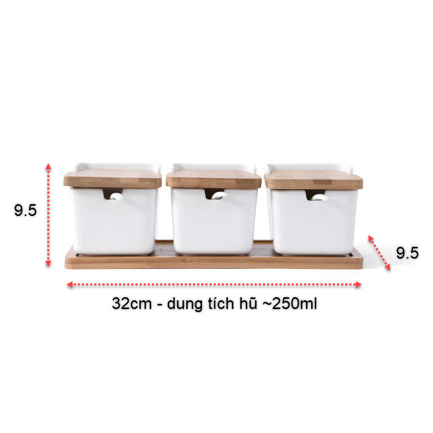 Bộ đựng gia vị 3 ngăn sứ trắng nắp gỗ kèm đế XM012