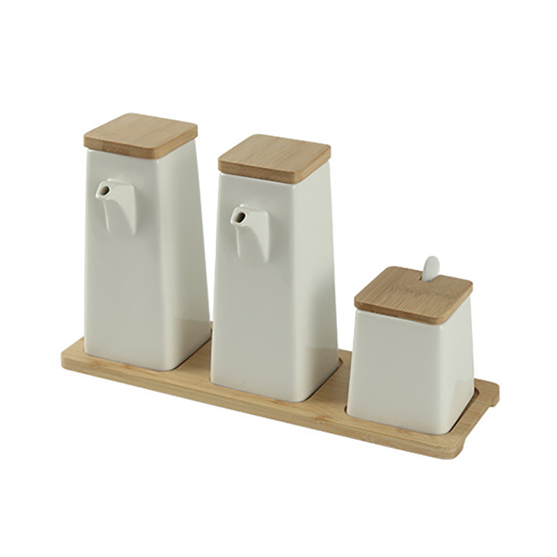 Bộ đựng gia vị sứ porcelain nắp gỗ kèm đế TLG011