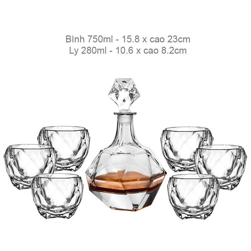 Bộ bình ly uống rượu tây uống whisky 7 món pha lê BB8874