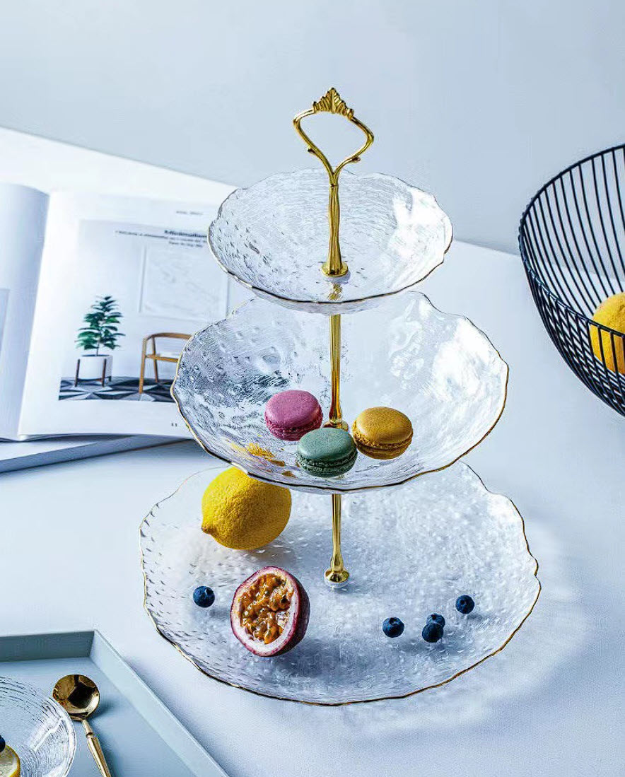 Kệ bánh kẹo 3 tầng thủy tinh vân sóng 3D SJW020