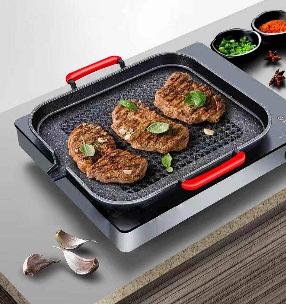 Chảo nướng thịt nhôm 30x25 phủ đá y tế chống dính KS032