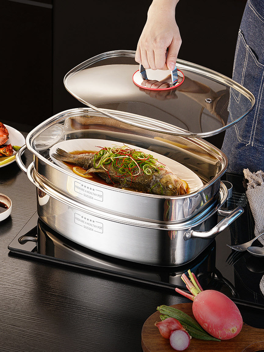 Nồi hấp cá nồi luộc gà size 35x23 inox 304 hấp hải sản rau củ dimsum ZYG1202
