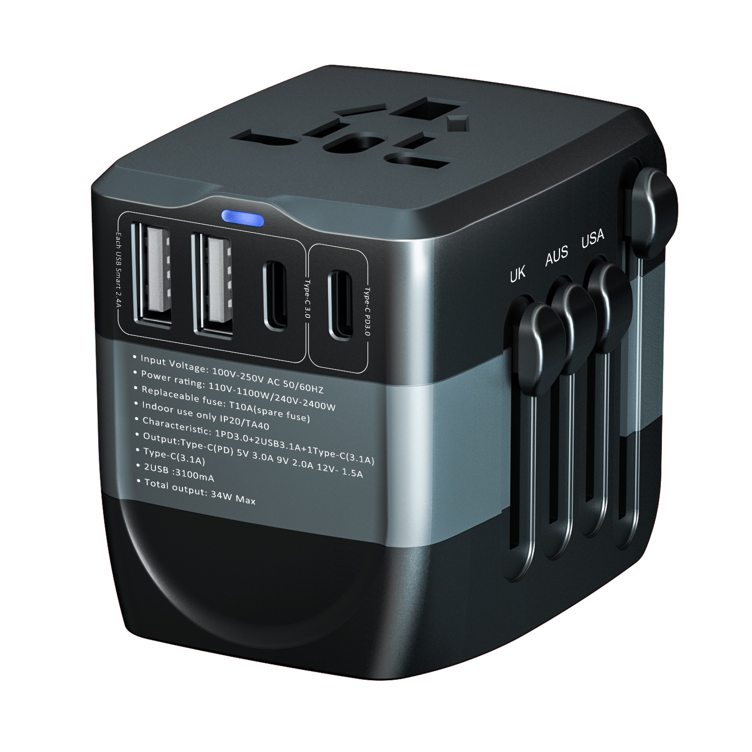 Ổ cắm điện du lịch chuẩn quốc tế kèm 2USB-A, Type-C, sạc nhanh PD20W JS400P