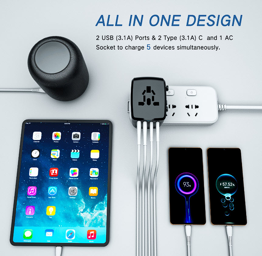 Ổ cắm điện du lịch chuẩn quốc tế kèm 2USB-A, Type-C, sạc nhanh PD20W JS400P