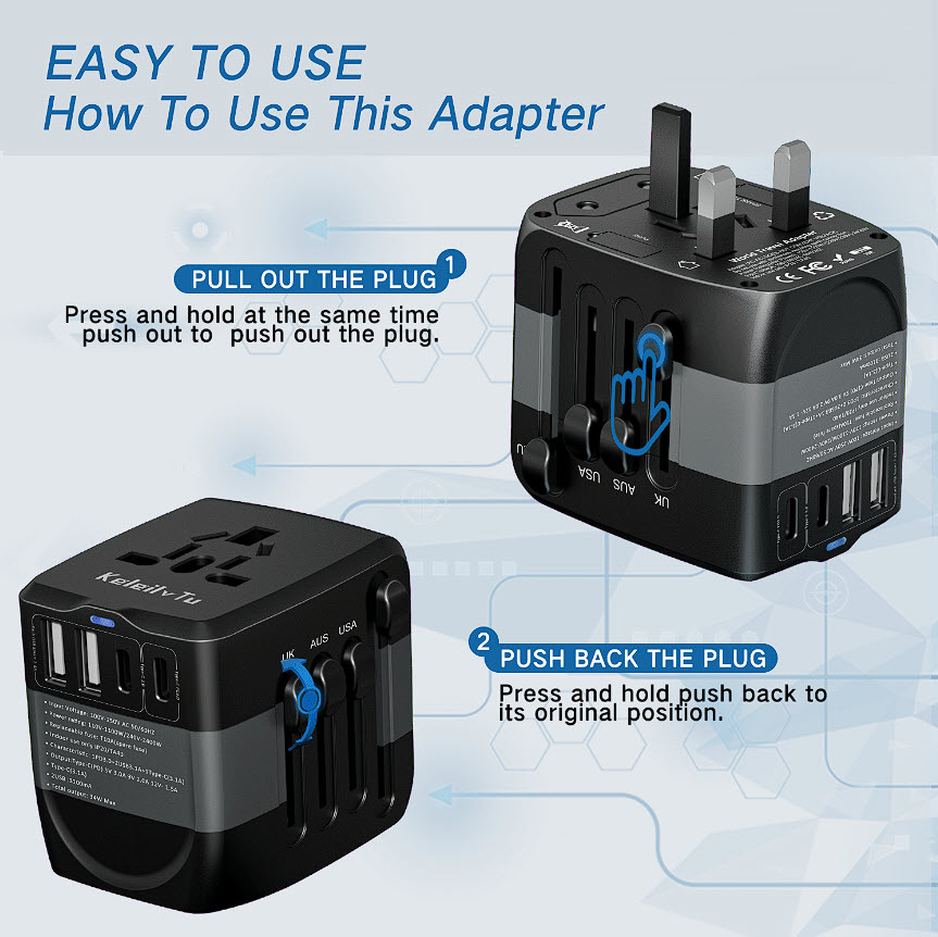 Ổ cắm điện du lịch chuẩn quốc tế kèm 2USB-A, Type-C, sạc nhanh PD20W JS400P