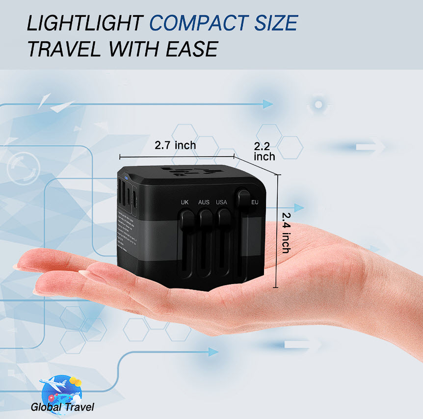 Ổ cắm điện du lịch chuẩn quốc tế kèm 2USB-A, Type-C, sạc nhanh PD20W JS400P