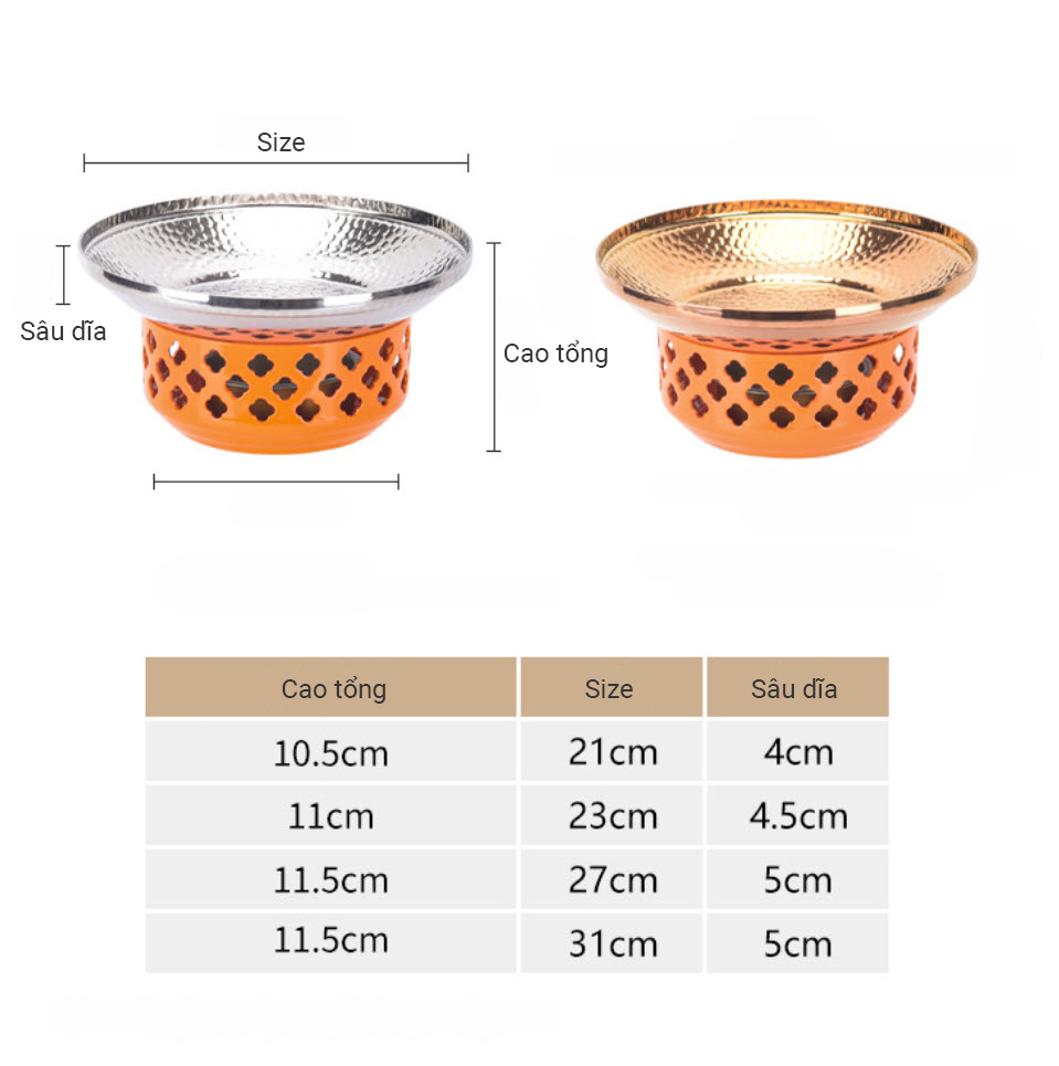 Bộ chảo bếp cồn inox 304 hâm nóng thức ăn size 21-31cm S08 ăn các món lẩu khô, hải sản, cua hấp, cá hấp