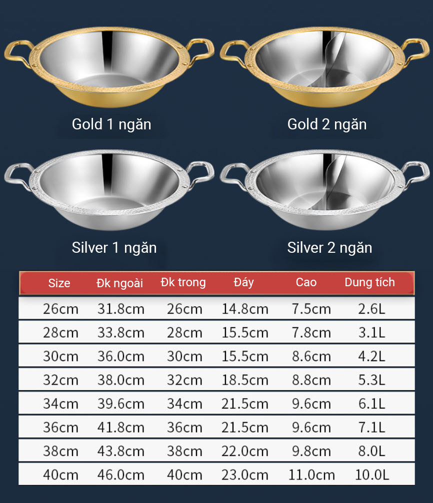 Nồi lẩu 3 lớp mạ vàng vân búa inox 304 size 26-40cm GDY011