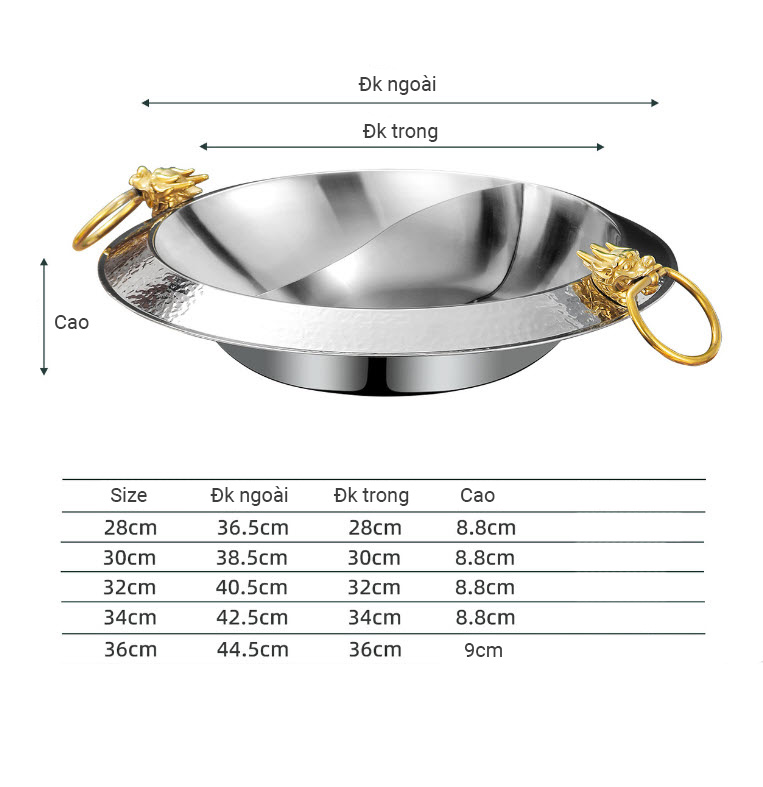 Nồi lẩu inox 304 đầu Rồng dáng vát size 30-36cm GDY012