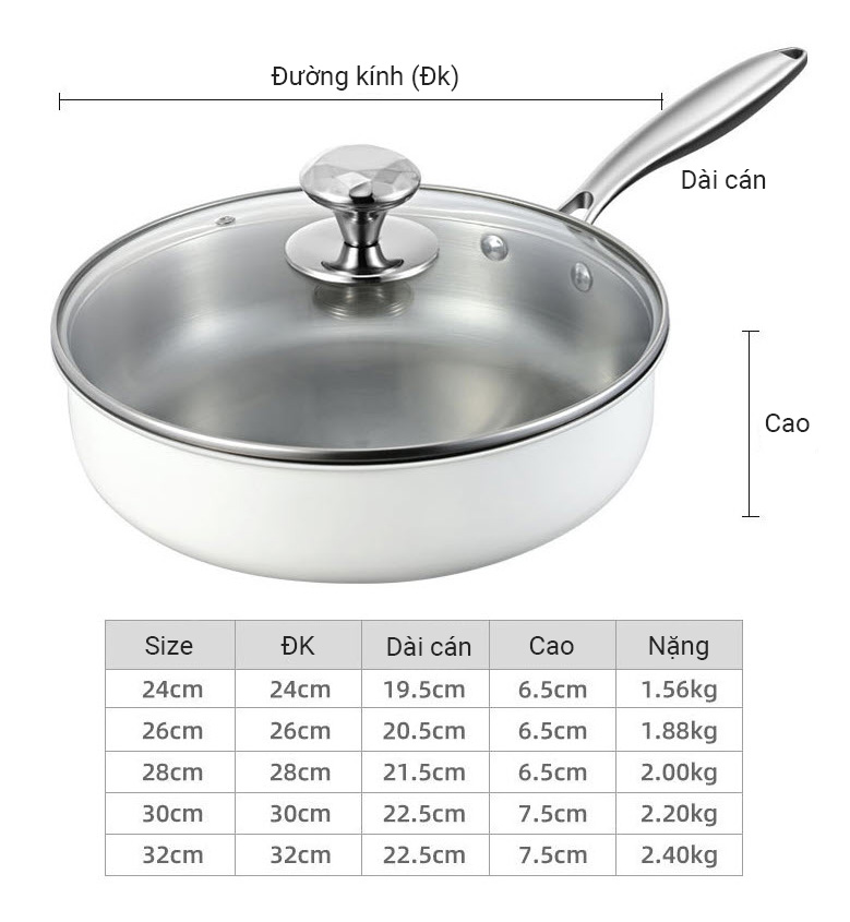 Chảo inox 316 đáy bằng phủ ceramic bên ngoài size 24-32cm KQJG316