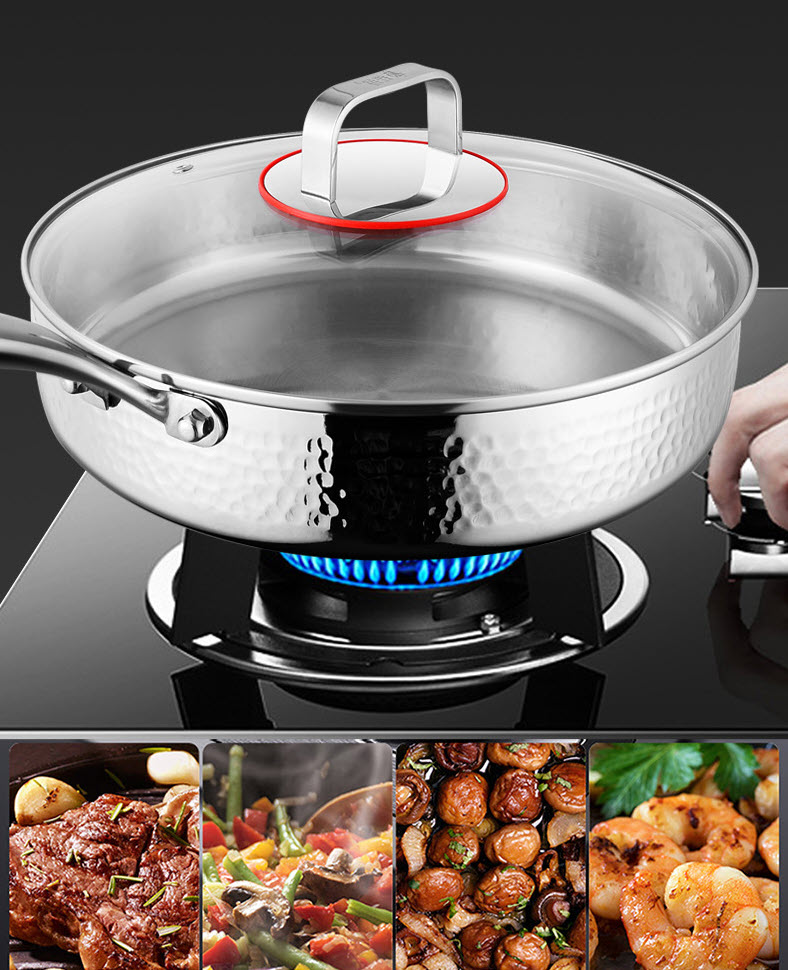 Chảo inox 316 đáy bằng vân sóng size 22-30cm nắp kính 316DG