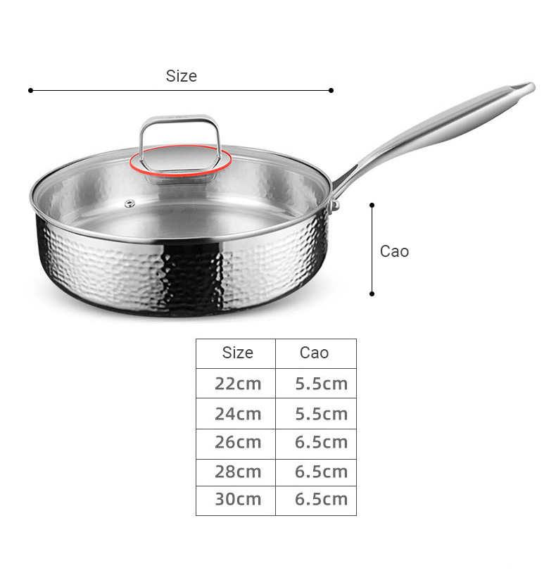 Chảo inox 316 đáy bằng vân sóng size 22-30cm nắp kính 316DG