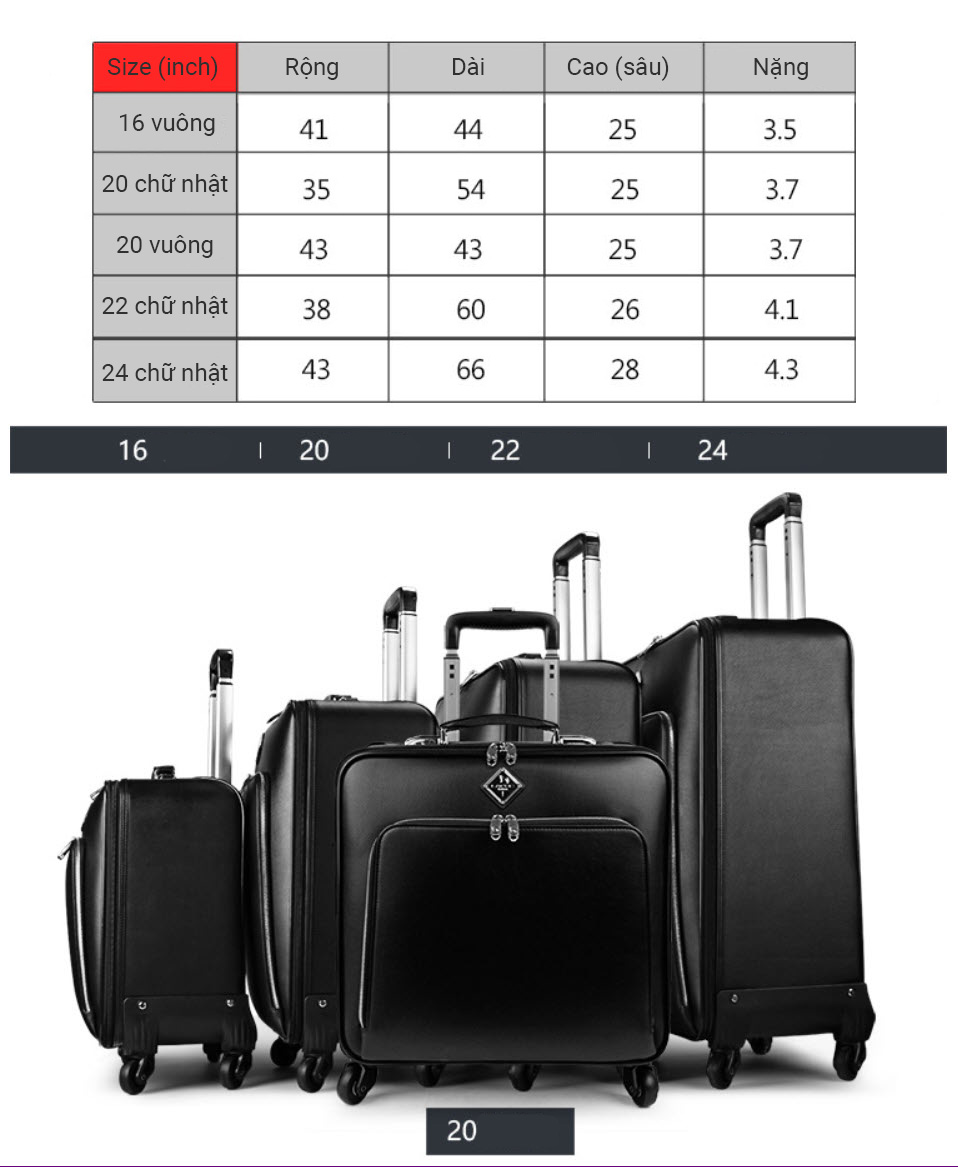 Vali kéo du lịch Lapoe Da PVC size 16-22 inch LB2616