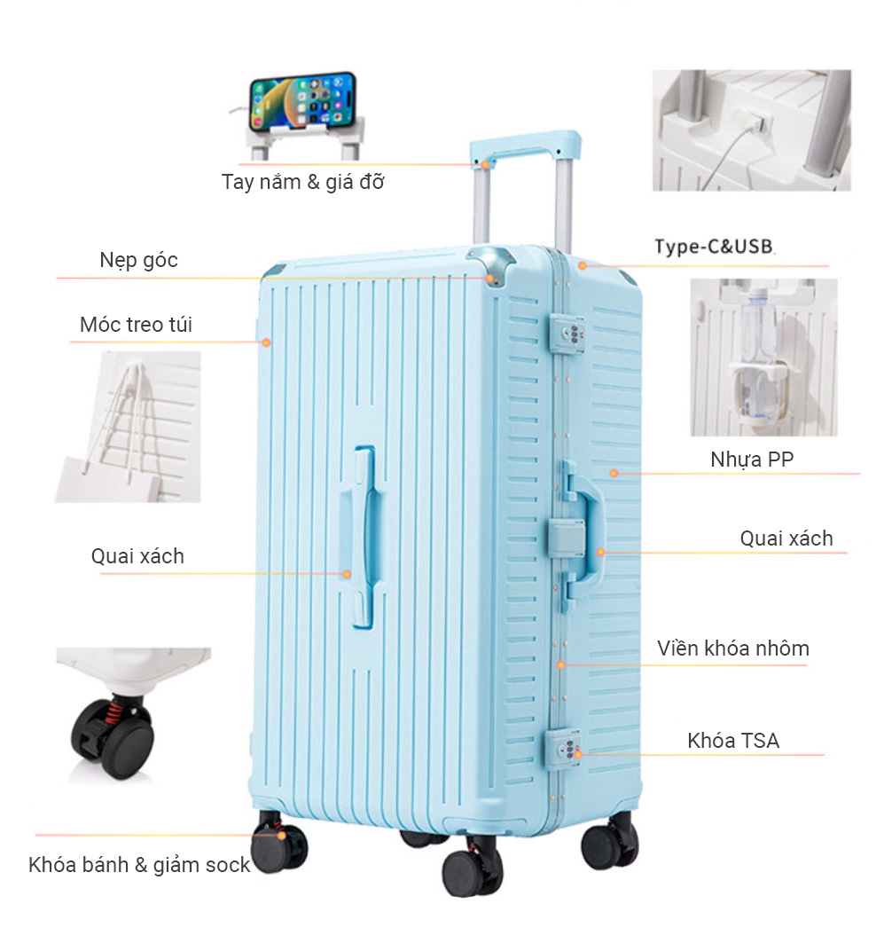 Vali kéo du lịch khóa đôi TSA viền nhôm cổng sạc USB size 24-32inch PH9019