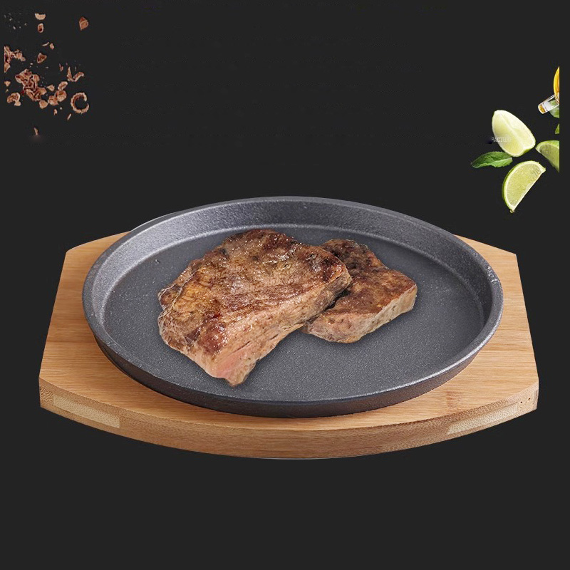 Chảo gang tròn ăn bò beefsteak size 19-25cm đế gỗ tre TB089