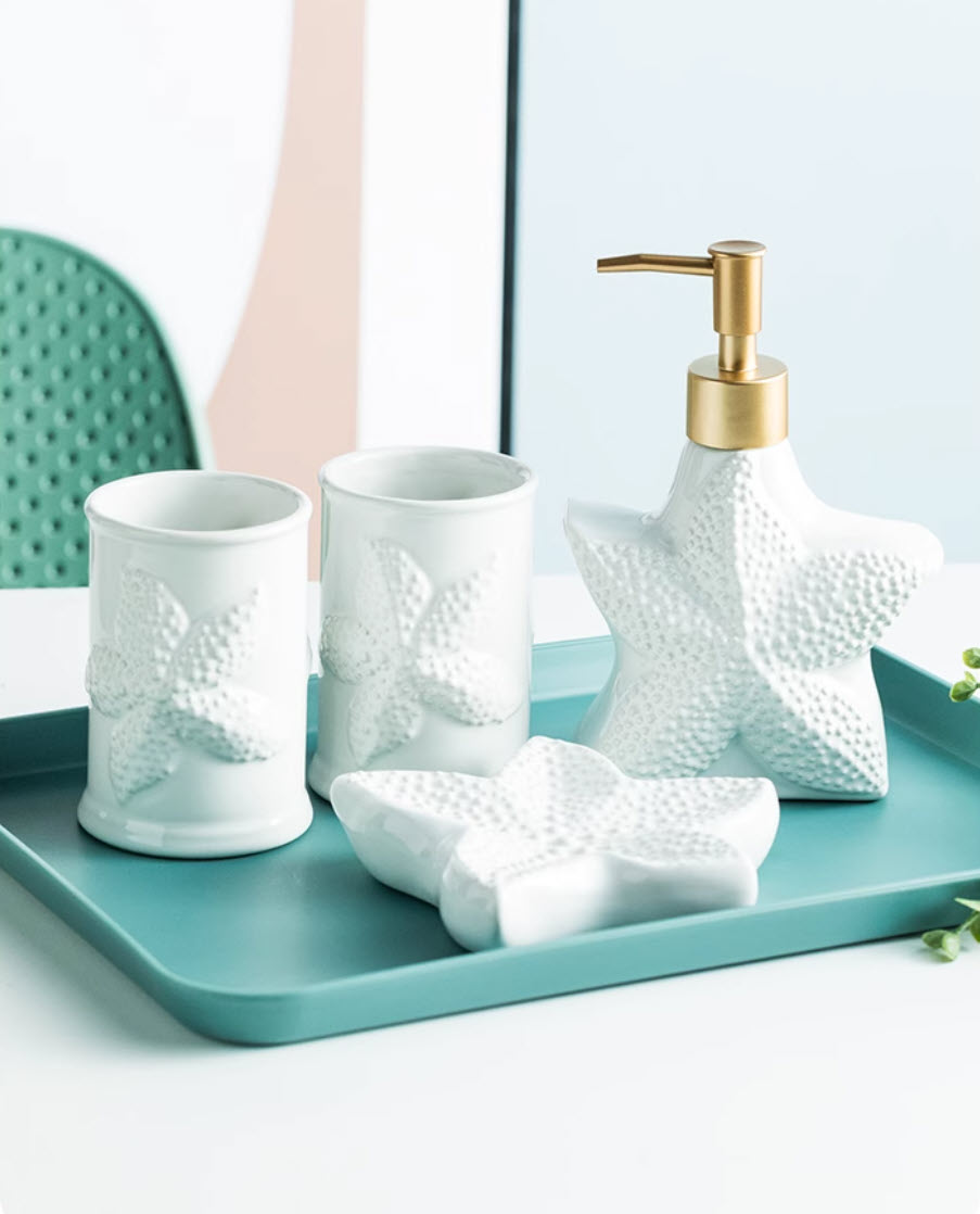Bộ đồ dùng nhà tắm Vỏ Sò Sao Biển sứ trắng 4 món đựng xà bông rửa tay đựng xà bông cục ZANE21B