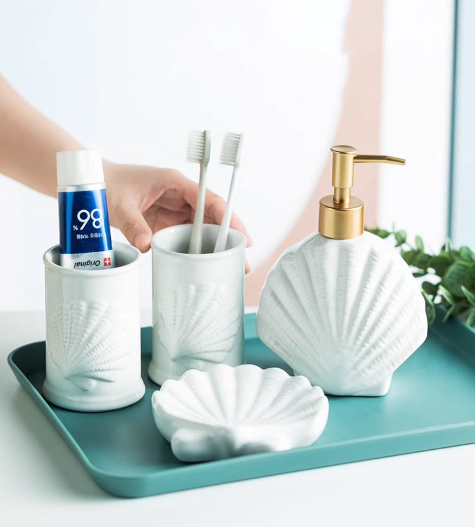 Bộ đồ dùng nhà tắm Vỏ Sò Sao Biển sứ trắng 4 món đựng xà bông rửa tay đựng xà bông cục ZANE21B