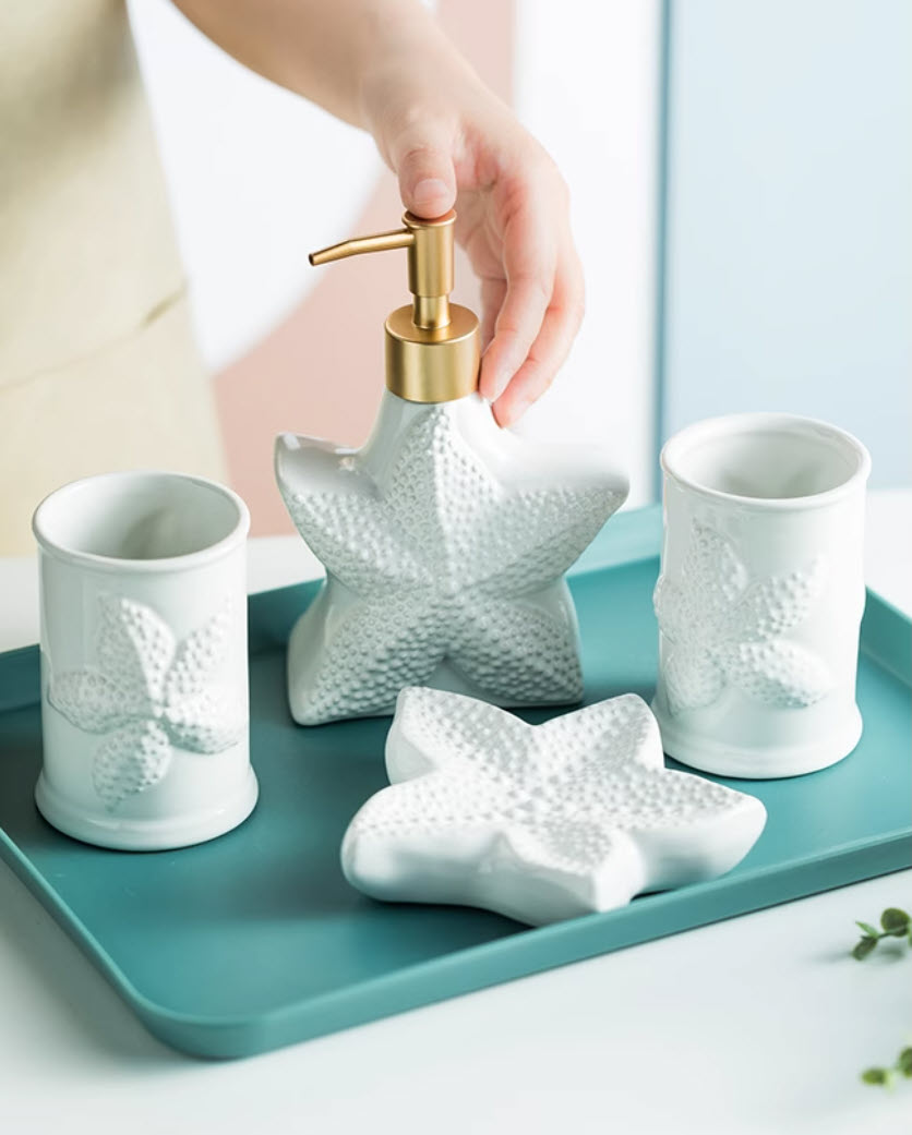 Bộ đồ dùng nhà tắm Vỏ Sò Sao Biển sứ trắng 4 món đựng xà bông rửa tay đựng xà bông cục ZANE21B