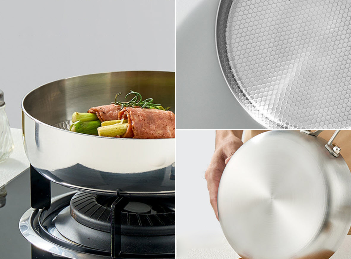 Chảo inox 316L vân nổi 3D chống dính tự nhiên PDG08 cấu tạo 3 lớp kèm nắp kính.