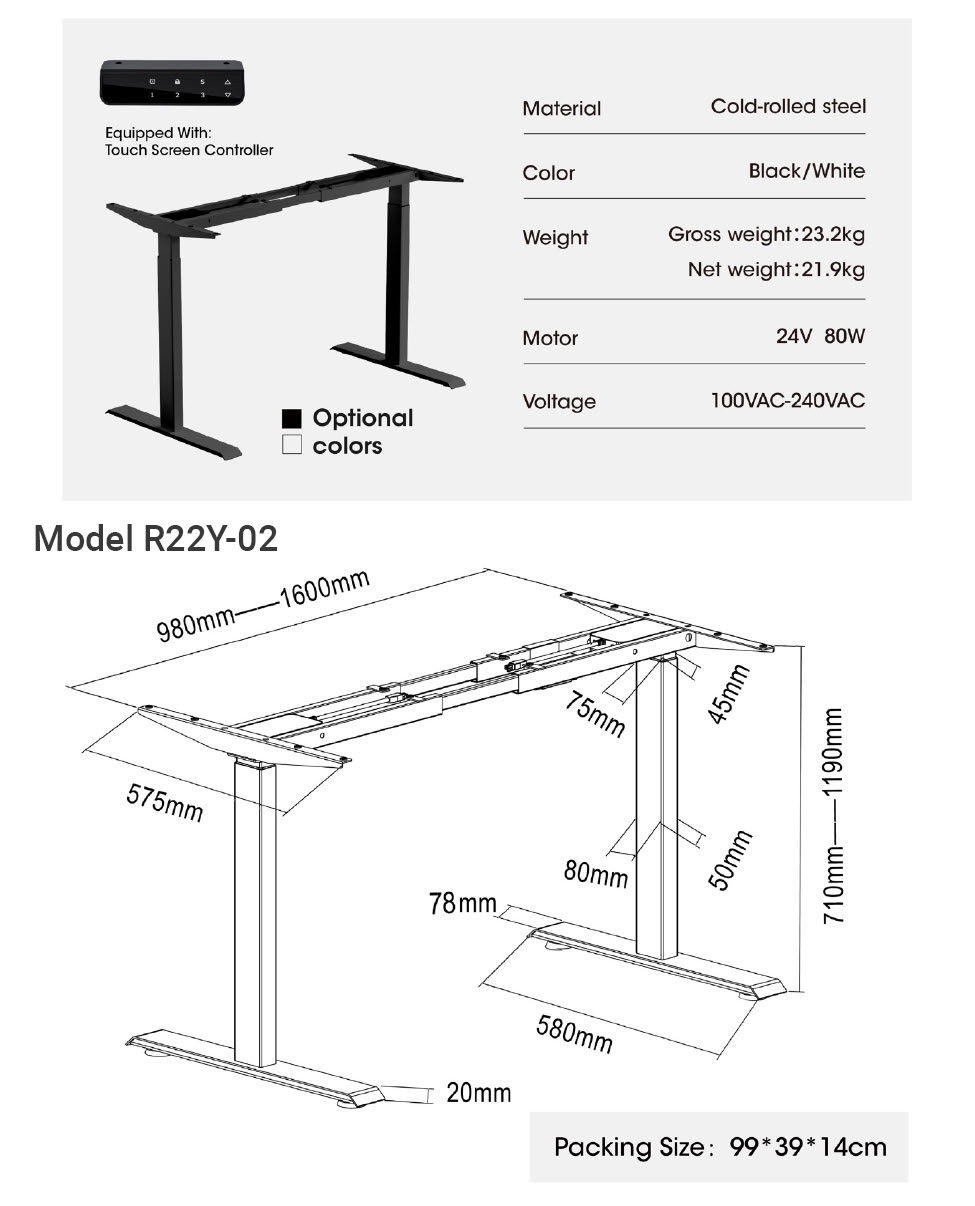 Chân bàn nâng hạ thông minh 2 động cơ cho mặt bàn 120~200cm chịu tải 120kg Benein R22Y-03