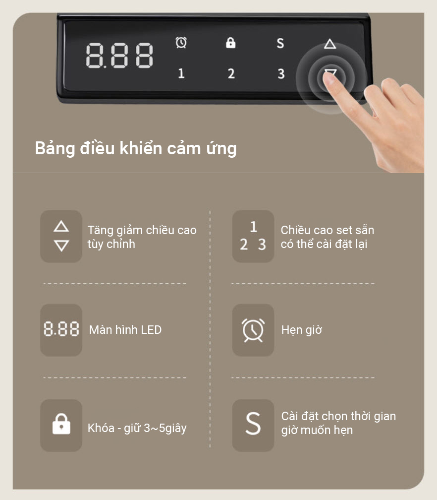 Chân bàn nâng hạ thông minh 2 động cơ cho mặt bàn 120~200cm Benein R22A-02 mẫu chân vuông
