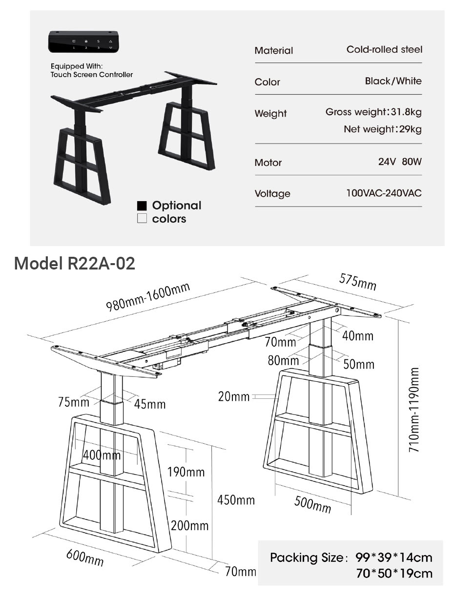 Chân bàn nâng hạ thông minh 2 động cơ cho mặt bàn 120~200cm Benein R22A-02 mẫu chân vuông