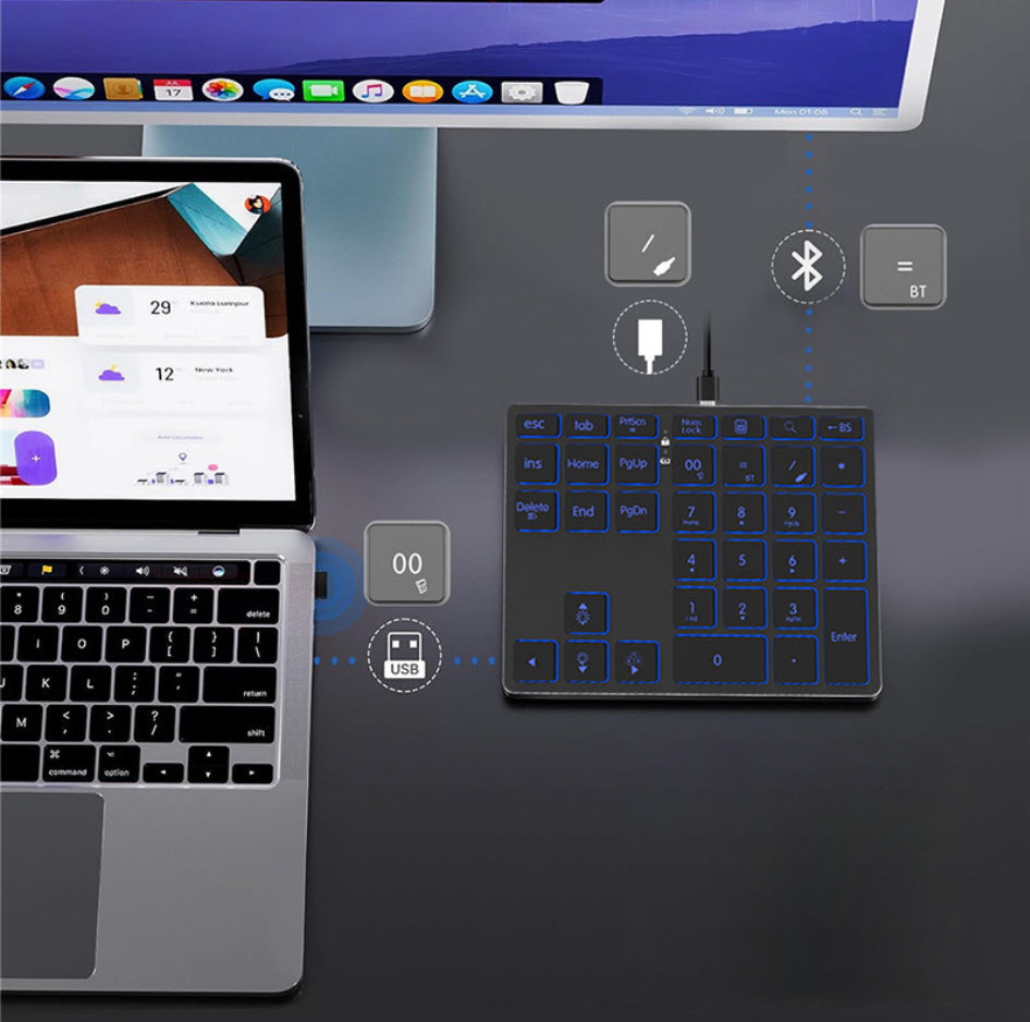 Bàn phím số không dây có đèn led nền RGB kết nối bluetooth & 2.4G pin 500mAh vỏ hợp kim nhôm JM012