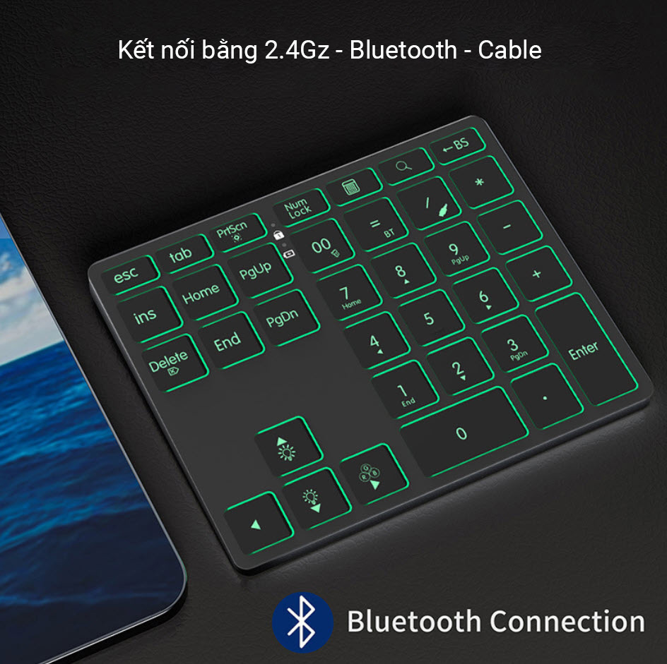 Bàn phím số không dây có đèn led nền RGB kết nối bluetooth & 2.4G pin 500mAh vỏ hợp kim nhôm JM012