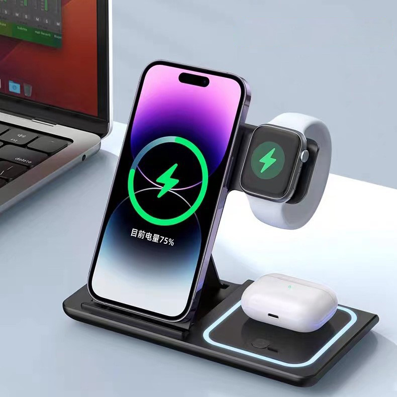 Đế sạc không dây 3 in 1 cho điện thoại, đồng hồ, airpods MT-X455 giao thức QC3.0 15W