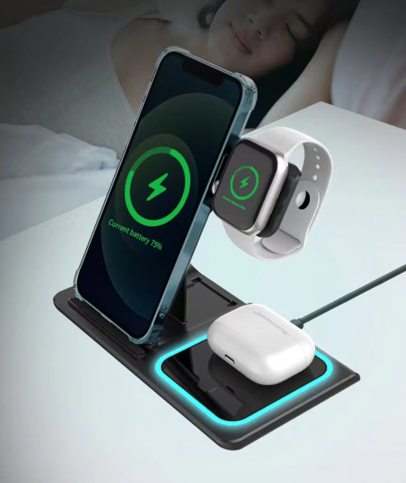Đế sạc không dây 3 in 1 cho điện thoại, đồng hồ, airpods MT-X455 giao thức QC3.0 15W