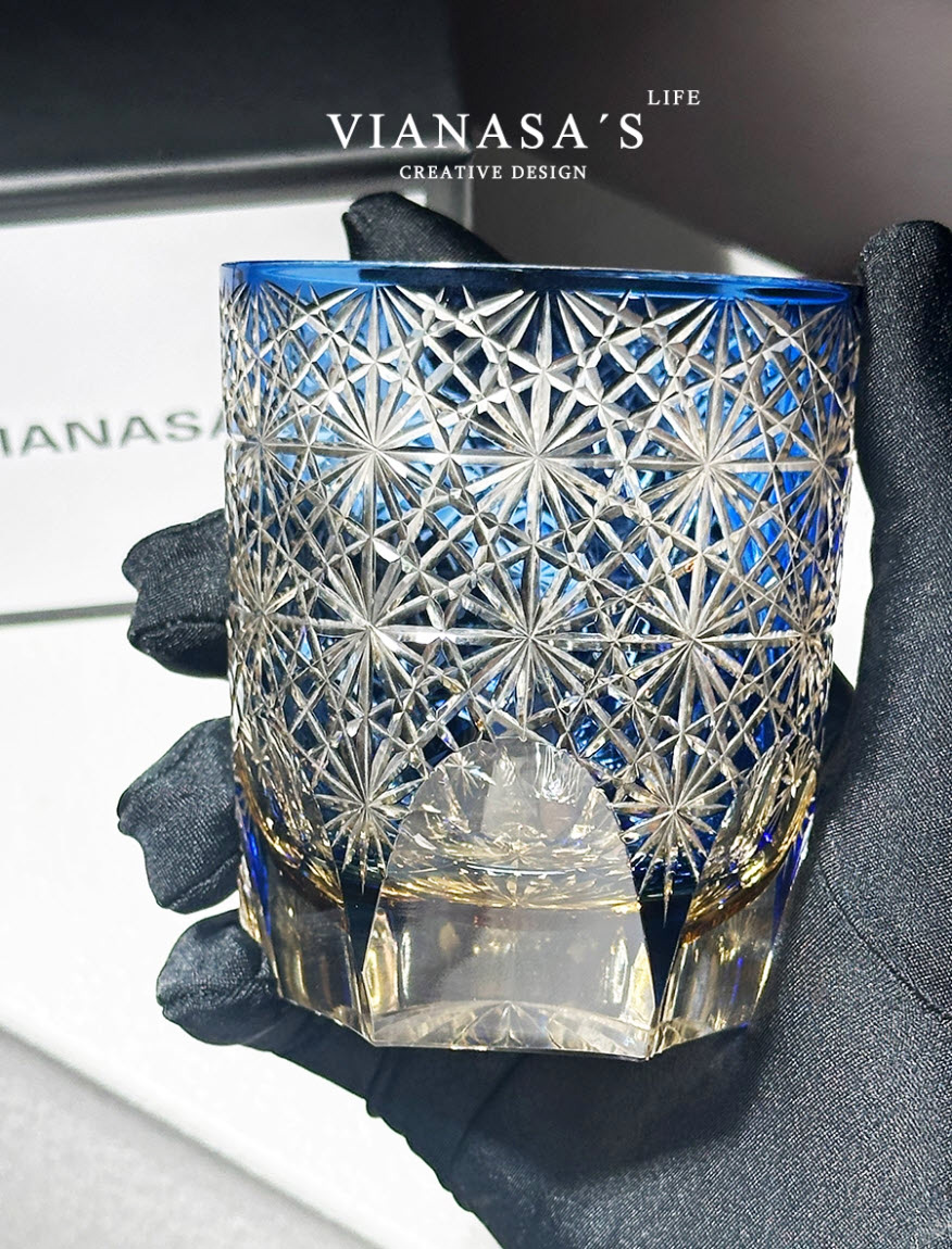 Ly whisky pha lê chế tác thủ công Edo Kiriko mẫu Hoa Cúc Xanh Vianasa VS3232