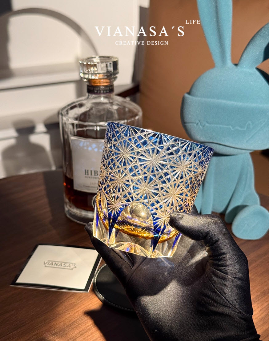 Ly whisky pha lê chế tác thủ công Edo Kiriko mẫu Hoa Cúc Xanh Vianasa VS3232