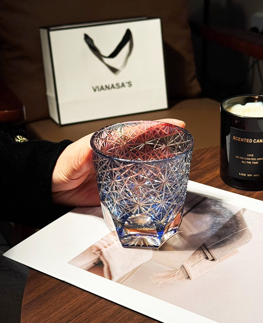 Ly whisky pha lê chế tác thủ công Edo Kiriko mẫu Hoa Cúc Xanh Vianasa VS3232