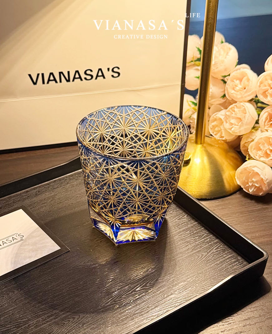 Ly whisky pha lê chế tác thủ công Edo Kiriko mẫu Hoa Cúc Xanh Vianasa VS3232