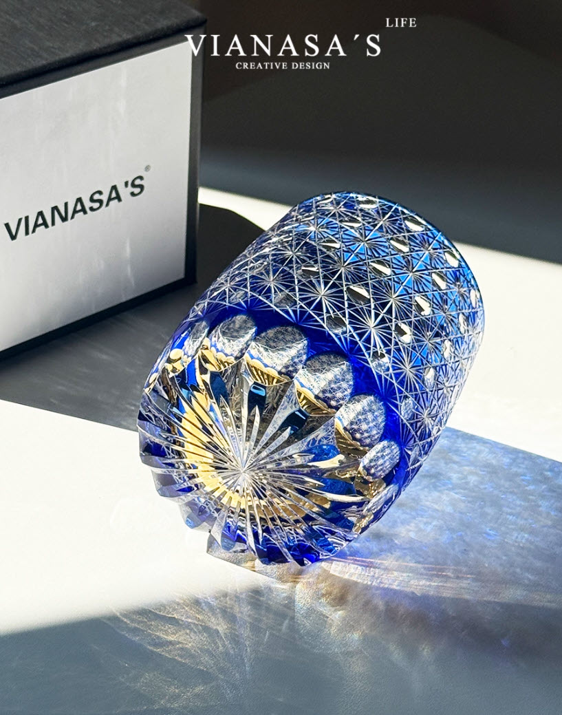 Ly wishky pha lê 260ml chế tác thủ công Edo Kiriko mẫu Blue Daisy Vianasa VS6565A