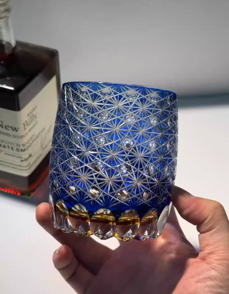 Ly wishky pha lê 260ml chế tác thủ công Edo Kiriko mẫu Blue Daisy Vianasa VS6565A