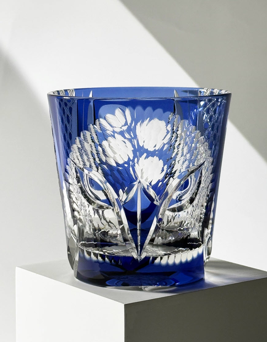 Ly wishky pha lê 330ml chế tác thủ công Edo Kiriko mẫu Blue Owl Vianasa VS2424