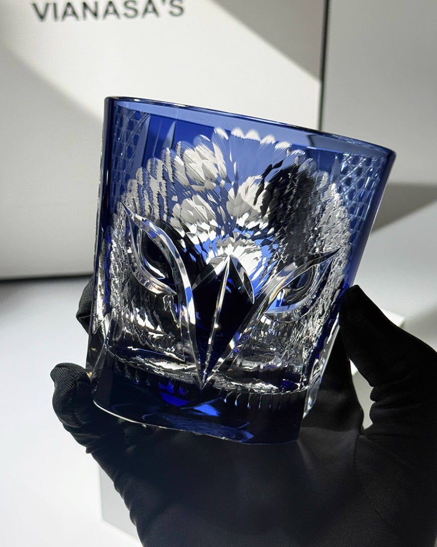 Ly wishky pha lê 330ml chế tác thủ công Edo Kiriko mẫu Blue Owl Vianasa VS2424