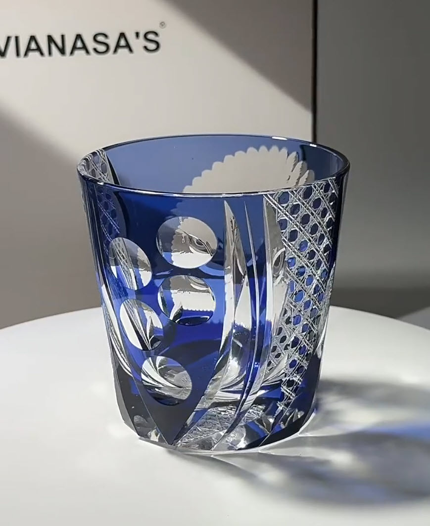 Ly wishky pha lê 330ml chế tác thủ công Edo Kiriko mẫu Blue Owl Vianasa VS2424