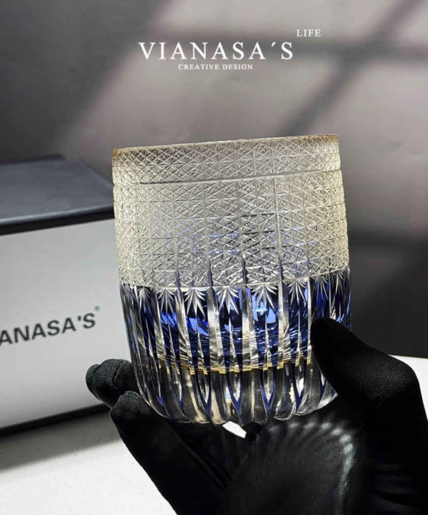 Ly wishky pha lê 260ml chế tác thủ công Edo Kiriko mẫu Blue Midnight Vianasa VS43434B