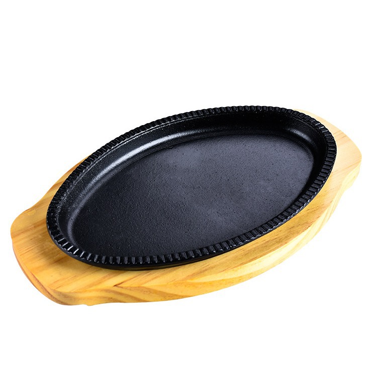 Chảo gang oval ăn bò beefsteak đế gỗ dày 3 size TB12