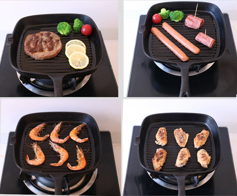 Chảo gang nướng beefsteak nướng cá 24cm đáy vân nổi P20