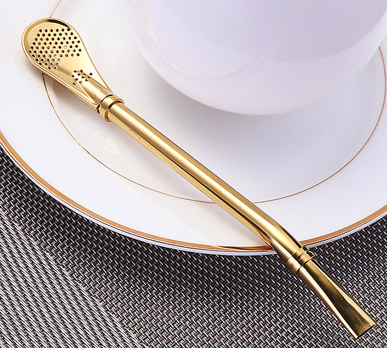 Muỗng cafe kèm ống hút inox 304 mạ vàng Bishda BD007.